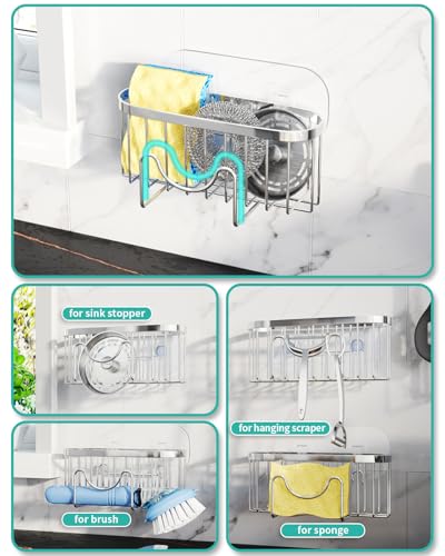 HapiRm Kitchen Sponge Holder for Sink - 2 Installation Methods Kitchen Sink Caddy Organizer with Unique M-Shaped, Rustproof Stainless Steel Sponge Caddy - Silver (Large) - color: Silver, size: with M-shaped Holder (Large)