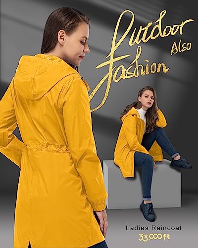 33,000ft Women's Waterproof Long Rain Coats Packable Rain Jacket with Hood Trench Coats Windbreaker - color: Amber Gold, size: X-Large