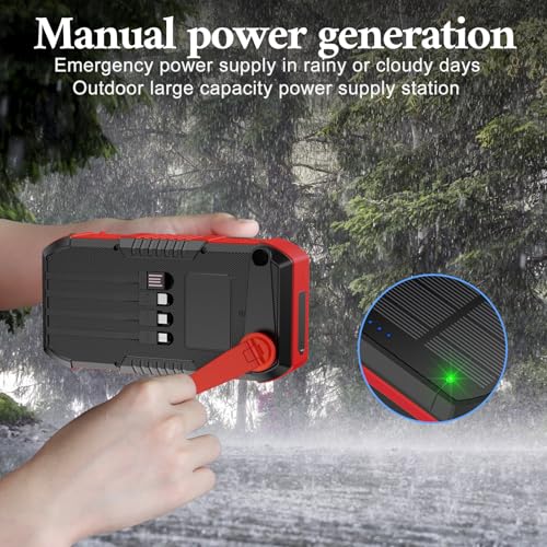 Solar Power Bank 66800mAh Built in Hand Crank for Camping and Hiking | Fast Charge,4 Built in Cable,5 Outputs & 3 Inputs Multi Device Charging,SOS/Flashlight/Compass,Waterproof - color: red