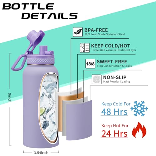 Insulated Water Bottle 32 oz - with Straw & Pop-up Spout Lid, Paracord Handle, Carrier Shoulder Strap, Protective Boot, Wide Mouth Double Walled Vacuum Insulated Gym Water Bottle for Women - color: Lilac Purple, size: 32 Ounces