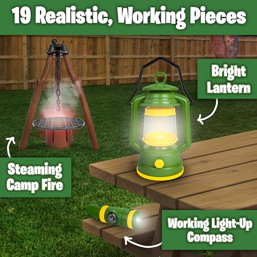 John Deere Pop-Up Camping Tent, 18 Piece Set Includes Canteen, Plates, Utensils, Play Food, Pots, Binoculars, Lantern, and Flashlight, Indoor and Outdoor Play