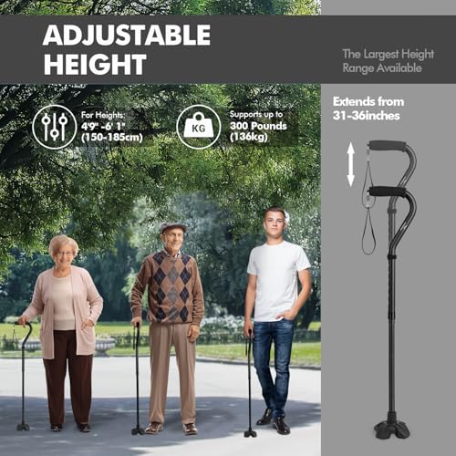 Self Standing Walking Cane Quad Base for Seniors | Lightweight aluminum, foldable design, 31–36 in adjustable height, EVA offset handle, self-standing quad base - color: Dark Blue