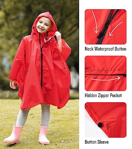 SaphiRose Lightweight Kids Rain Poncho Waterproof Jacket Zipper Up Rain Coat - color: Red, size: 9-13 Years