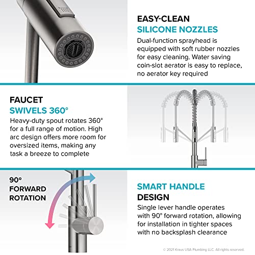 KRAUS Oletto Commercial Style Single Handle Pull Down Kitchen Faucet with QuickDock Top Mount Installation Assembly in Spot Free Stainless Steel, KPF-2631SFS - color: Spot-Free Stainless Steel, style: Commercial Style Faucet