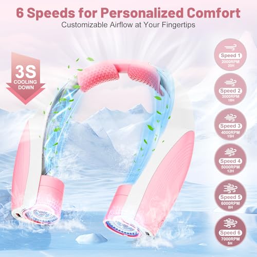 8000mAh Portable Neck Fan Rechargeable Fan with 6 Powerful Speeds - color: Pink