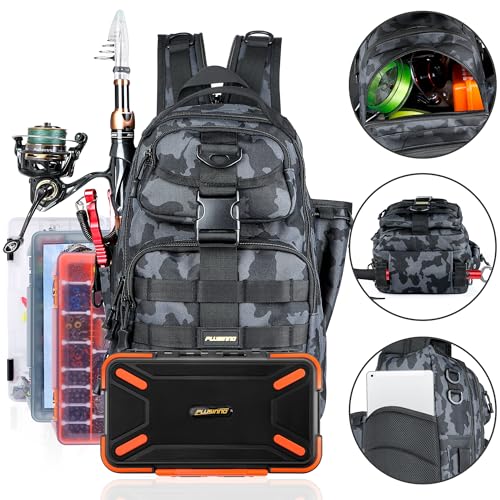 PLUSINNO Fishing Backpack, Fishing gear,Tackle Bag, Water-Resistant Bag with Rod Holder, Ideal Gifts for Men - color: Black Bag With 2 Boxes (No Rod)