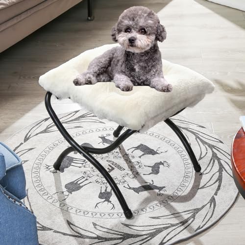 15" Faux Fur Upholstered Folding Foot Rest Stool with Metal Frame Beige - color: Fleece-beige