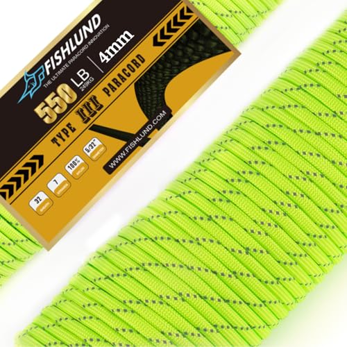 Reflective Paracord 550 lb, 7 Strand Paracord Rope 100ft 4mm, Nylon Parachute Cord for Camping, Neon Green - size: 100ft, style: Reflective Neon Green