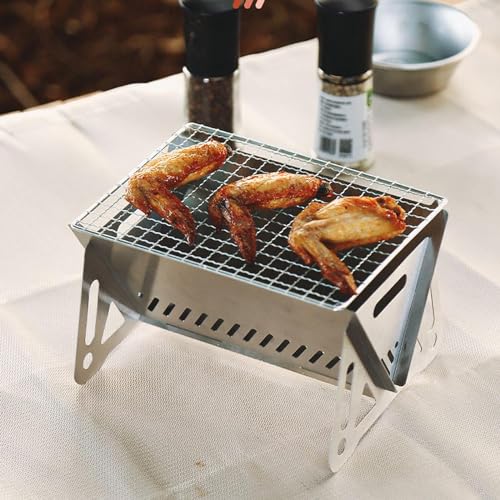 Outdoor Stainless Steel Camping Grill Folding Barbecue Grills Mini Portable Camping Grill with Bamboo chopsticks/Storage bag, Small Assemblable Removable BBQ Grill Tabletop Fire Pit for Camping Patio