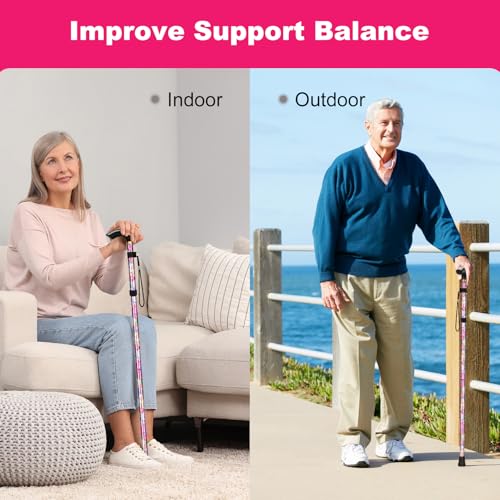 MFE Folding Cane, Portable 5-Level Adjustable Height Walking Stick with Foldable Design, Wrist Strap, and T Handle for Men and Women - color: Pink Floral