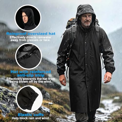 QJWBZ Men's Rain Jacket Long Raincoat: Waterproof Lightweight Hood Rain Poncho Stowable for Cycling Hiking Camping Outdoors - size: Medium