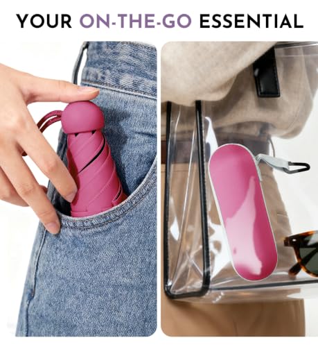Travel Size Mini Umbrella with UPF 100+ UV Rain Protection, Compact Small & Lightweight Pocket-Sized Folding Umbrellas with Case for Purse & Backpack, Thoughtful Gift Women Men & Kids - color: Rose