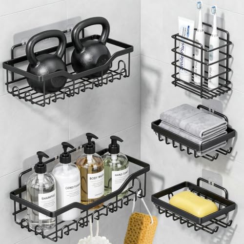 Fammart Adhesive Shower Caddy, 5-Pack Rustproof Stainless Steel Bathroom Organizer with 28 Hooks, No-Drill Large Capacity Shower Shelves for Bathroom Storage & Home Décor, Black - color: Stainless Steel, 5 Pack - Black
