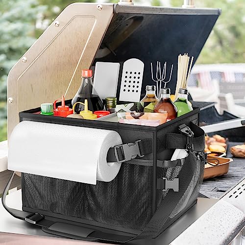 FANGSUN Grill Caddy, Foldable BBQ Caddy with Paper Towel Holder, Black | 11 Compartments, Easy-Clean Aluminum Interior, 1680D Oxford Fabric, Water-Resistant, Shoulder Strap Included, Tailgating - style: Black