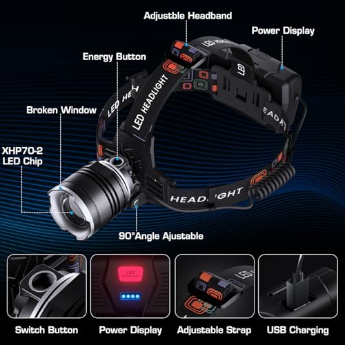 AMAKER LED Headlamp Rechargeable 99000 High Lux, Head Lamp with 12 Modes, IPX7 Waterproof USB Rechargeable Headlight, Zoomable Headlamp for Adults, 90° Adjustable for Camping Hunting