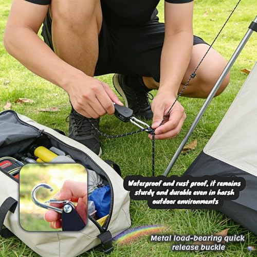Camping Tent Rope Pulley System with Stakes, 4mm Braided Polyester Wind Rope, 13ft Adjustable Tightener with Carabiner and 4 Glow-in-the-Dark Steel Stakes, 34kg Load Capacity