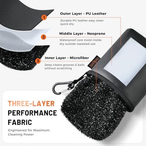 Tecoom Golf Ball Cleaner Pouch, Golf Club Cleaning Bag with 3-Layer Waterproof Clean Face Techy, PU Leather Exterior, Portable Club Grooves Washer, Detachable Clip - size: 5.9"×5"×2.4"-Pack of 1