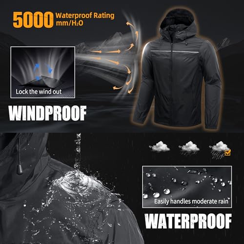 ZITY Mens Rain Jacket with Lining Waterproof Lightweight Rain Coats Packable Hooded Windbreaker for Hiking Golf Cycling - color: Black, size: XX-Large