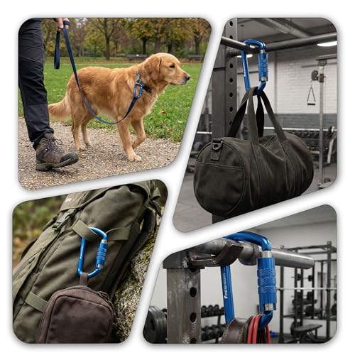 FresKaro 3inch 12kN-2698lbs Auto Locking Carabiner Clips, Solid D Shape, Heavy Duty 7075 Aluminum, Lightweight 1.09oz, Rust Proof, for Hammock, Hiking, Dog Leash, Keychain etc., Multi-Colors - color: Blue-3pcs