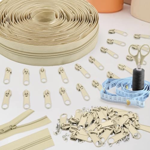 DOITEM 10 Yards Nylon Coil Zipper by The Yards, #5 Bulk Zippers for DIY Sewing Craft Bags with Replacement 20PCS Sliders (Khaki, #5) - color: Khaki, size: #5