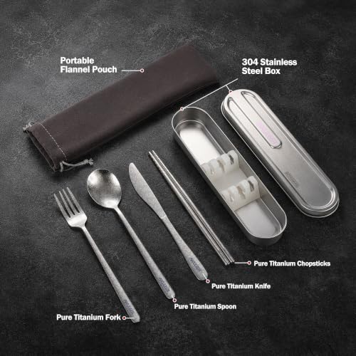 iNKULEER 100% Pure Titanium Travel Cutlery Set | Reusable Utensils with Metal Case | Portable Silverware for Camping, Office, Travel & Outdoor Dining - color: Titanium