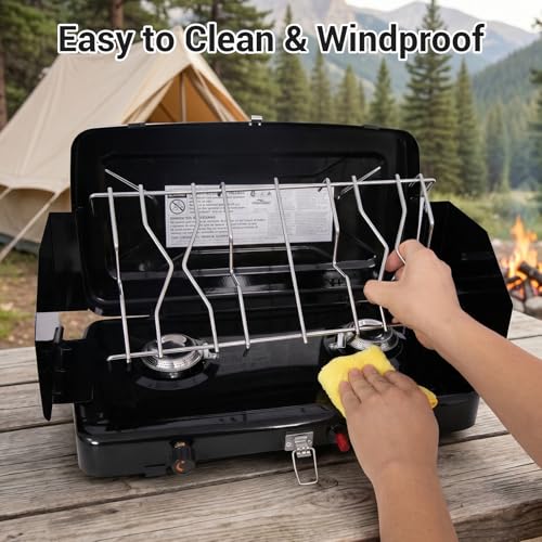 FineFlame Camping Stove, Propane Portable Camp Stove, 13000BTU-2 Burners - color: DARK