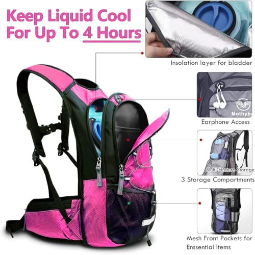 Mothybot Hydration Pack, Insulated Hydration Backpack with 2L BPA Free Water Bladder and Storage, Hiking Backpack for Men, Women, Kids for Running, Cycling, Camping - Keep Liquid Cool up to 5 Hours - color: Pink