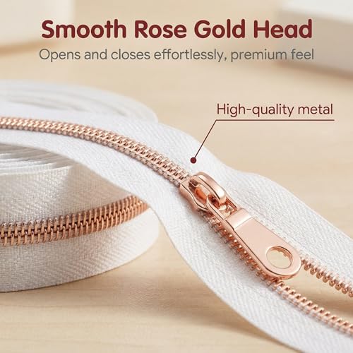 Sawoake 10 Yards Bulk Zipper(#5) Rose Gold Teeth with White Nylon Coil Zipper By The Yards,Can Replace 10PCS Sliders - color: Rose Gold-White-1
