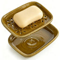 Miamolo 2 Layer Soap Dishes for Shower with Drainage, Keep Soap Bars Dry | Ceramic Bar Soap Holder Saver, Self Draining Top, Removable Drip Tray Non-Slip, Bathroom Kitchen Sink Dishwasher Safe, Yellow - color: Yellow