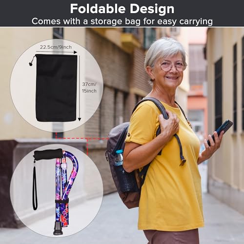 Elegant Walking Cane for Women, Foldable & Adjustable Cane for Seniors with Self-Standing Tip | Lightweight Mobility Aid for Stability & Balance Support - color: Red and blue floral printed