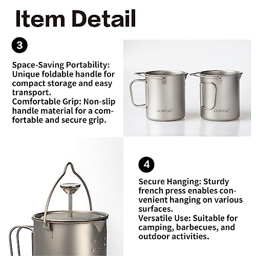 Titanium French Press Pot 750mL/25 fl oz Coffee Maker Camping with Lid and Filter Titanium French Press Cup Backpacking for Outdoor Hiking Camp
