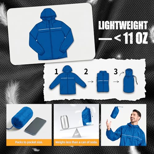 ZITY Mens Rain Jacket with Lining Waterproof Lightweight Rain Coats Packable Hooded Windbreaker for Hiking Golf Cycling - color: Blue, size: Medium