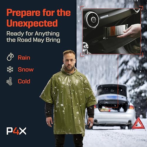 PREPARED4X Emergency Mylar Poncho – Survival Rain Poncho with Hood – Lightweight, Compact, Reusable Emergency Blanket Poncho for Hiking, Camping, Thermal Gear, Car Kit, Outdoors - color: Green 4-pack