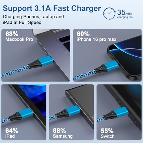 Samsung S25 Edge Fast Charging Cord USB C Braided Charger Cable 3.1A 10FT Long Type C Power Cord for Samsung Galaxy S26 S25 Ultra Z Fold 7/6/Z Flip 7/6 A17 A16 A36 A56 A15 S24 FE S23 S22 S21 S20 S10 - color: Blue