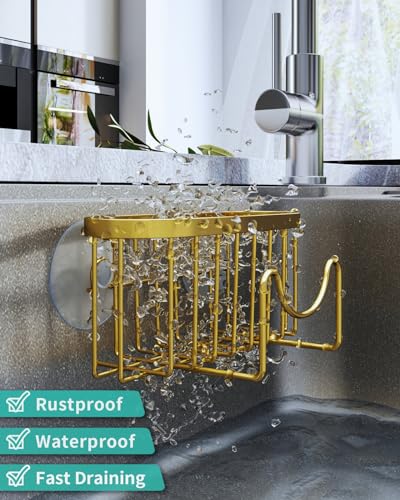 HapiRm Multifunctional Sponge Holder - 2 Installation Methods Sink Caddy with Unique M-shaped, Stainless Steel Kitchen Sink Organizer for Sponge, Brush, Stopper and Scraper - Gold - color: Gold, size: with M-shaped Holder
