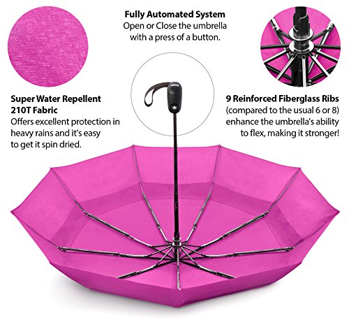Windproof Travel Umbrella Auto Open Close, Compact 42" Folding Umbrella | Collapsible Rain Umbrella with Vented Double Canopy, Fiberglass and Steel Frame, Strong Wind Resistant - color: Pink