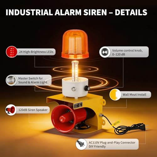 AC110V Industrial Siren Alarm Strobe Light-120dB Loud Horn&Waterproof Red Beacon Warning Light for Emergency,Factory,Fires,Tornado,Intruder Deterrent (AC110V Amber Light (Switch,0-120dB)) - style: AC110V Amber Light (Switch,0-120dB)
