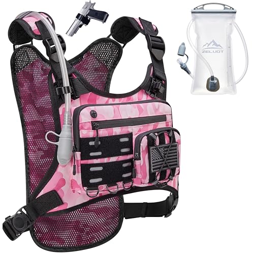 Zelvot Running Vest with 2L Water Bladder, Hydration Backpack, U.S. Design Patent, Lightweight Hydration Pack with Gear Holder, Reflective Chest Pack for Men Women - color: Camo Pink, size: Medium-Large