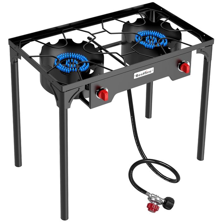 BESTFIRE 2 Burner Camping Stove,150,000 BTU High Pressure Outdoor Propane,4ft 20 PSI Adjustable Regulator Hose With Removable Legs for Backyard Cooking Camping Home - style: 2 burner Basic