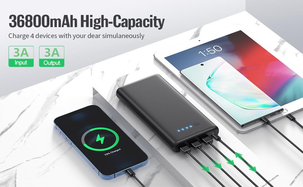 Portable Charger 36800mAh Power Bank,PD Fast Charging USB C External Battery Pack,4 Outputs 2 Inputs Travel Essentials Portable Phone Charger for iPhone 17/16/15/14/13/12,Galaxy S24 Android Phone etc - color: Black