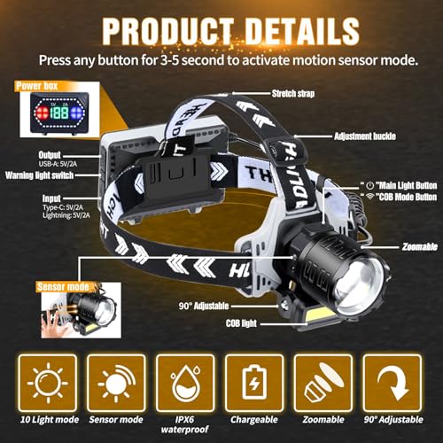 LED Headlamp Rechargeable 1000 Lumens Super Bright with 10 Modes & Motion Sensor, 2 Pack Head Lamp with Zoomable, IPX7 Waterproof, 135°Adjustable for Outdoor Hiking Camping