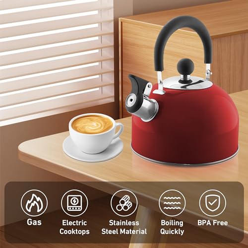 Lily's Home 2 Quart Stainless Steel Whistling Tea Kettle, the Perfect Stovetop Tea and Water Boilers for Your Home, Dorm, Condo or Apartment. Red - color: Red(2 Quarts)