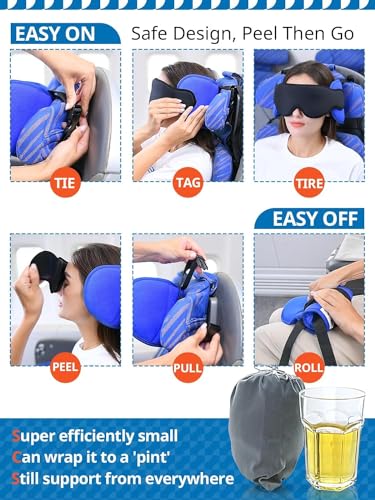 SARISUN Travel Pillows for Airplanes, 360° Stable Support for Sleep, 2pcs | Airplane Head Strap with Seat Strap, Sleep Eye Mask, Long Flight Travel Essentials, Stop Bobblehead, Black+Mottled Blue - color: Black and Mottled Blue