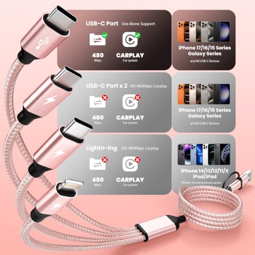 MPATIBY 4 in 2 Multi Charging Cable, 1 Pack 5FT Dual Input Charging Cords | USB A & USB C Inputs with 3* USB C & 1* IP Outputs, Travel Essentials, Phone Charger for Multiple Devices - color: Pink, size: 1Pack5FT