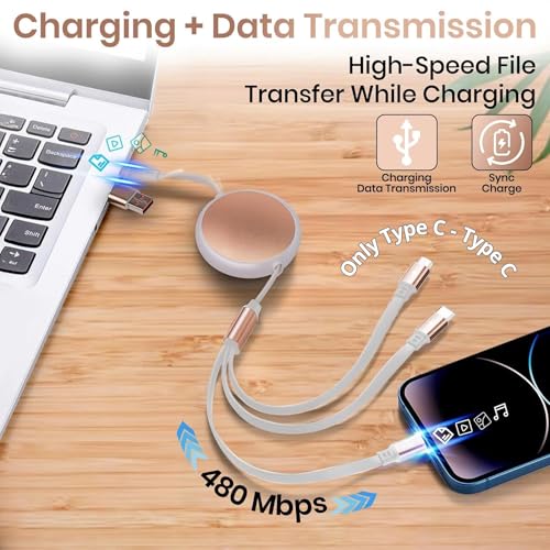 120W Fast Multi Charging Cable, 6 in 1 Retractable Charger (White Golden) | 5A Fast Charging | 6 in 1 Retractable | L Port USB C Micro | Durable Braided | Adjustable 10.2 to 44.1 in | Data sync USB C - color: White Golden