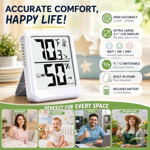 2 Pack Room Thermometer Indoor Hygrometer Digital Humidity Meter - color: White - Upgraded Version, size: 2 - Pack