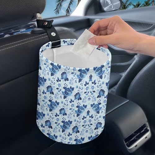 Blue Roses Car Rubbish Bin Portable Waste Basket Can Foldable Auto Waste Storasge Bag Holder with Adjustable Strap for Camping, Travelling, Picnic - color: Blue Roses