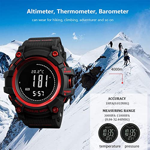Watch Compass, Altimeter Barometer Thermometer Temperature, Pedometer, Military Army Waterproof Outdoors Sport Digital Watch for Men - color: Red