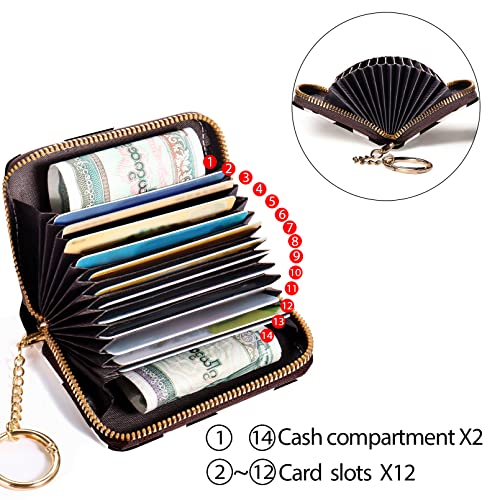 Yonlevres Credit Card Holder RFID Small Wallet Women Keychain Zipper - color: Black Cow