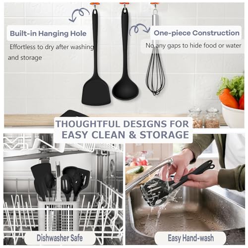 TeamFar Silicone Cooking Utensils, 10 pcs Kitchen Cooking Utensils Set | Heat Resistant Kitchen Gadgets Tools Set w/Spatula, Turners, Spoons, Soup Ladle, Pasta Server for Nonstick Cookware, Black - color: Black